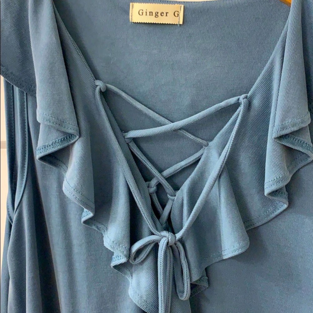 Ginger G Ribbed Flowy Top with Ruffle Neck - Picture 2 of 3